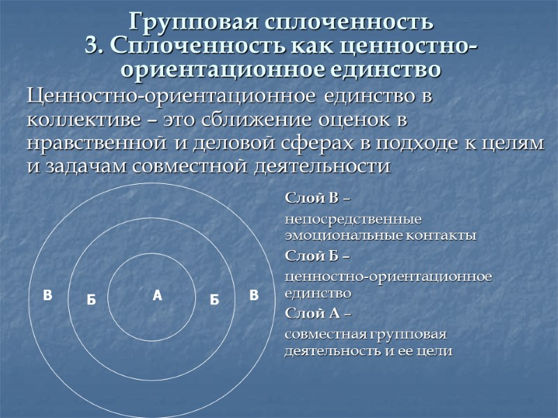 Групповая сплоченность 3. Сплоченность как ценностно-ориентационное единство  Ценностно-ориентационное единство в коллективе – это